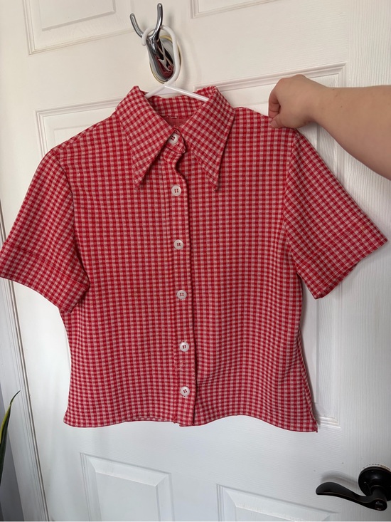 Tops - Vintage 1970s Red Gingham Button-Up Short Sleeve Crop Top